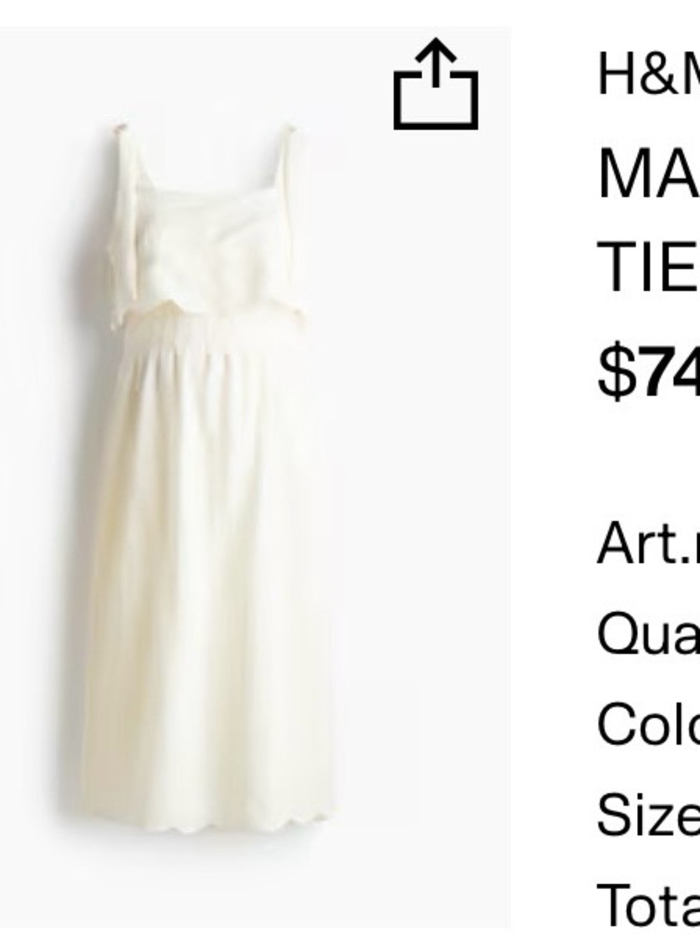 H&M Mama Light Cream Tie-Strap Midi Dress